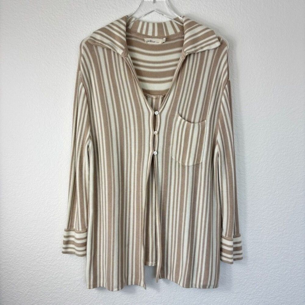New Millibon Women Cardigan Sweater S Tan Striped Beach Coastal Chic Luxury Long